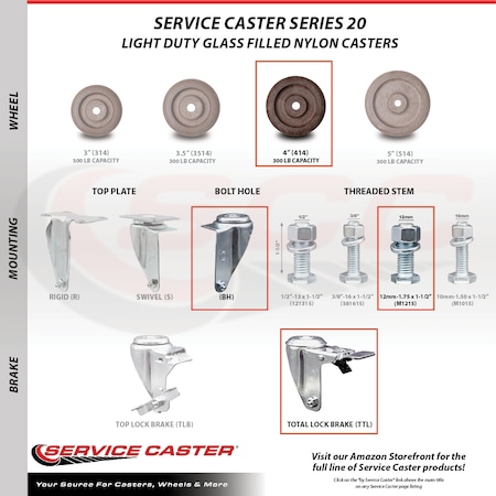 Service Caster 4 Inch SS High Temp Glass Filled Nylon 12mm Stem Caster Lock Brake SCC, 2PK SCC-SSTSTTL20S414-GFNSHT-M1215-2-S-2
